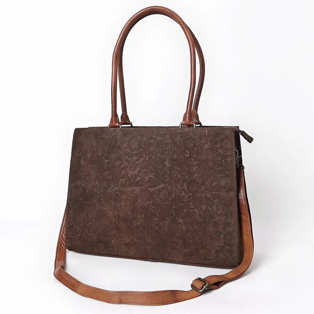 Brown Floral Embossed Tote with Dual Handles & Crossbody Strap