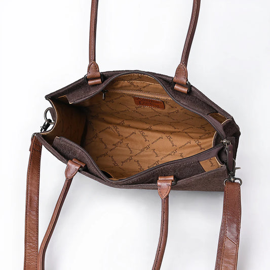 Brown Floral Embossed Tote with Dual Handles & Crossbody Strap