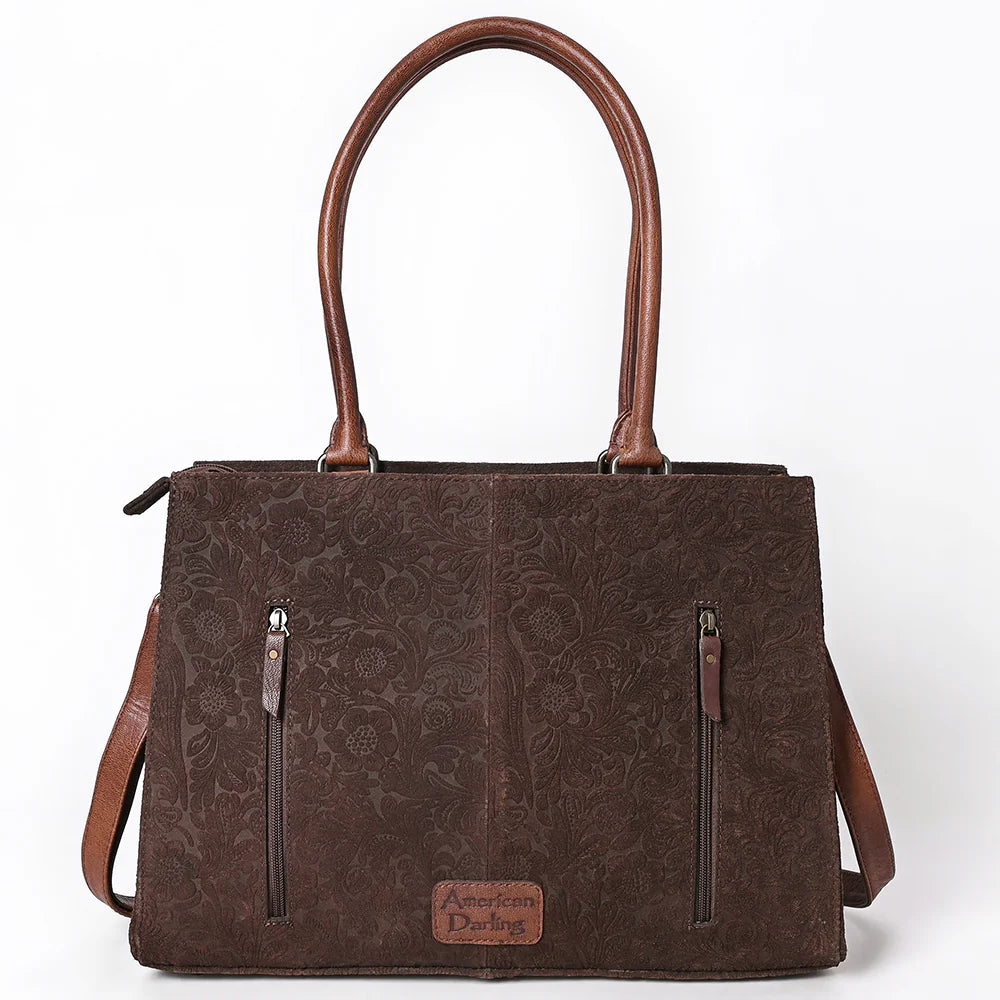 Brown Floral Embossed Tote with Dual Handles & Crossbody Strap