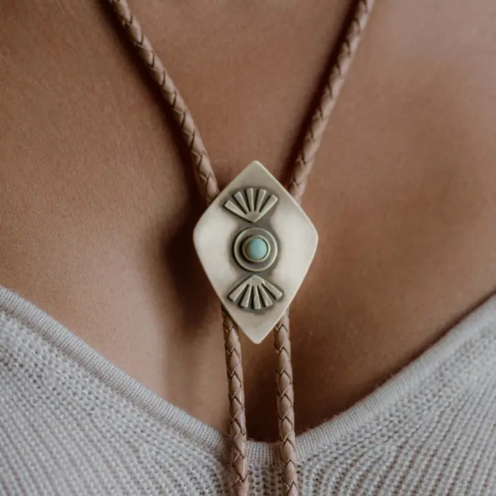Aztec Bolo Tie- Turquoise, Brass, & Natural Leather