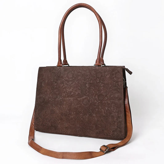 Brown Floral Embossed Tote with Dual Handles & Crossbody Strap