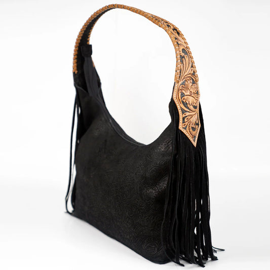 Tooled Leather & Fringe Hobo Bag