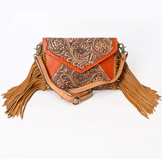 Orange Tooled Leather & Fringed Envelope Purse